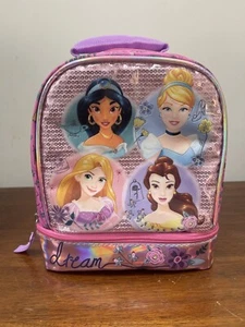 Disney Princess Glitter Floral Sequin Soft Insulated Zip Lunch Box Pink Purple - Picture 1 of 11