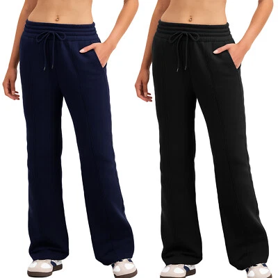 Women's Baggy Straight Wide Leg Joggers Sweat Track Pants Fleece Lined Trousers - Image 1 of 4