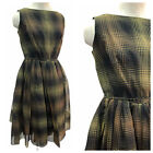 Vintage VTG 1950s 50s Green Brown Plaid Sleeveless Party Dress