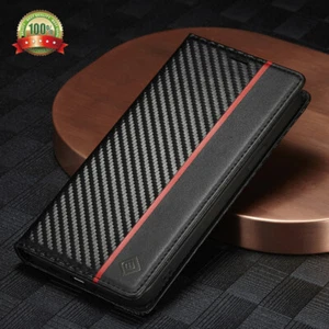Funda tipo billetera de fibra de carbono cubierta abatible de cuero para iPhone 16e/15/14/13/12/11 XR SE - Imagen 1 de 14
