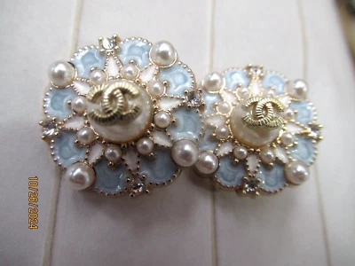 CHANEL 2 BUTTONS  23MM light gold  tone, metal, BABY BLUE, FAUX PEARL, LOT  2 - Image 1 of 4
