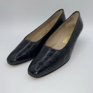 Salvatore Ferragamo Black Leather Croc Print Low Block Heel Slip-On 7.5AA Shoes - Picture 1 of 18