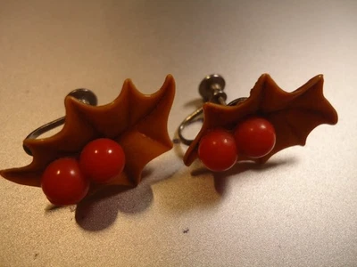 Pendientes Vintage NAVIDAD ACEBO BERRY Tornillo Trasero PLÁSTICO AÑOS 60-70 Foto 1 de 4