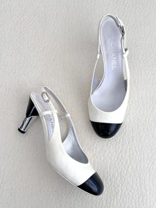 Chanel Patent/Leather Cap‑Toe Slingbacks "CC" Logo Sz EU39 US9 - Picture 1 of 14