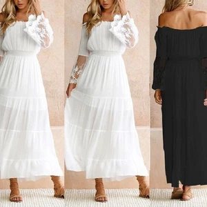 Bohemian Style White Long Dress with Loose Fit and Lace Detail for Women - Picture 1 of 52