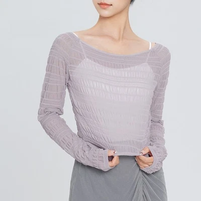 Adult Yoga Clothing Lace Shirt Women's Long Sleeved Off-The-Shoulder Mesh Top - Image 1 of 4