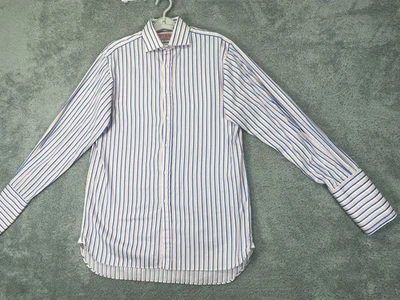 Thomas Pink Shirt Mens 15 38 Pink Blue Stripe 100% Cotton French Cuff Dress - Image 1 of 4