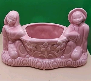 Ceramic Planter Vase Asian Boy Girl Couple Pink Glaze Floral Vintage - Picture 1 of 4