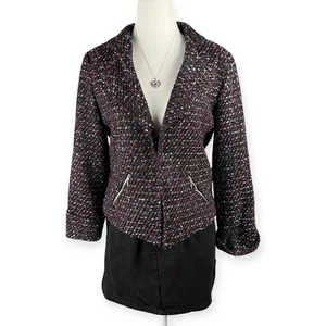 Chico’s Tweed Open Front Blazer Women’s Size 0 Black Purple Metallic Zip Pockets - Picture 1 of 8