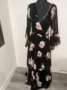 Maxi abito lungo svasato scollo a V floreale nero INDIGO ROSE nuovo con etichette S - Foto 1 di 11