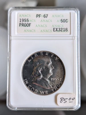 Meio dólar de prata 1955 Estados Unidos Franklin Proof - Porta-sabonete PF67 ANACS - Imagem 1 de 4