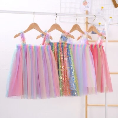 Kid Girl Tutu Skirt Mesh Rainbow Glitter Dress Sleeveless Fairy Party Show Cute - Image 1 of 4