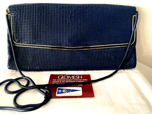 Vintage GLOMESH Navy Blue & Gold handbag shoulder bag 1970s purse with box - Picture 1 of 5