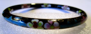 Estate Sale Cloisonne Enameled Bangle Black Blue & Flowers - Picture 1 of 9