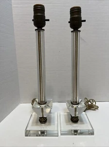 2 Vintage Glass Crystal w/Brass Accents Table Lamps / Tall Column / 15” Tall - Picture 1 of 15