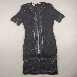 Vintage 80s Stenay Black Beaded Sequins Silk Cocktail Party Dreas Women’s Size 8 - Picture 1 of 9