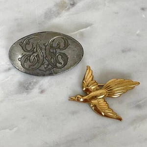 Antike Vintage ART DECO GOLD VOGEL Viktorianisches Monogramm Brosche Lot 1800er 30er Liebe Taube - Bild 1 von 9