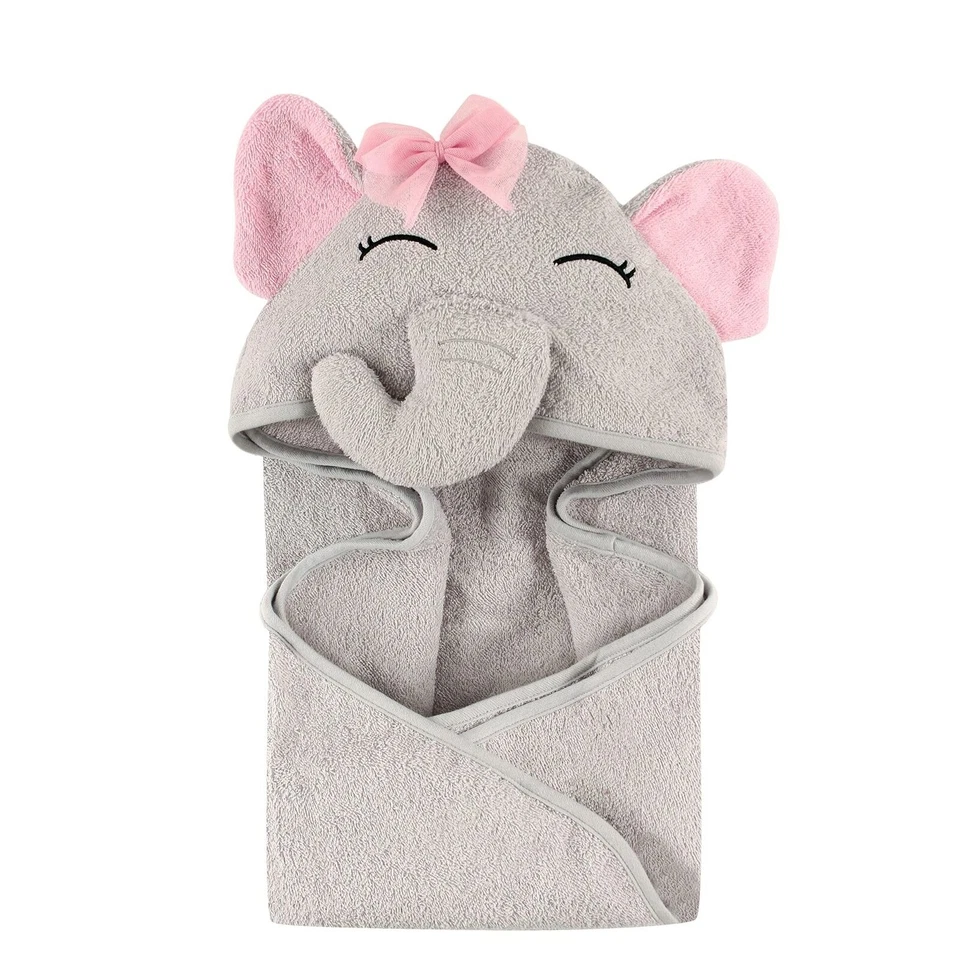 Hudson Baby 3D Animal Face Hooded Towel for Girls - Pretty Elephant 1-Pack