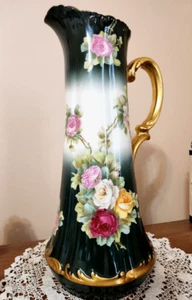 LARGE Limoges Hand Painted Rose Pitcher Tankard,Artist Signed - Picture 1 of 8