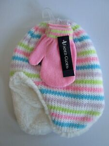 NWT Faded Glory Girls One Size 9-24 Month Hat & Mittens Set Striped Knit Pastel