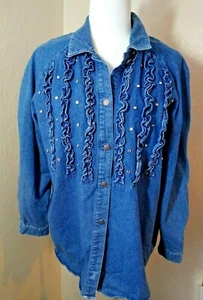 Newport News Denim Shirt Damen Größe Large geknöpft 100 % Baumwolle Nieten Rüschen - Bild 1 von 12