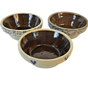 VTG Studio Pottery Plant Tray Bowl 3" Petite Trinket Salt Glaze Blue Heart Set 3 - Picture 1 of 6