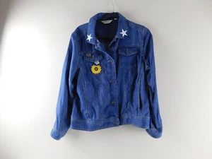 L.L. Bean Women's sz M Soft Blue Denim Flag, Stars & Flowers Embellished Jacket - Picture 1 of 5