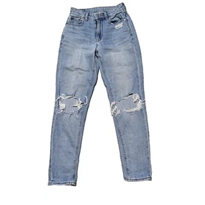American Eagle Mom Jeans Light Wash Distressed Denim Bottoms Womens Size 00 - Picture 1 of 10