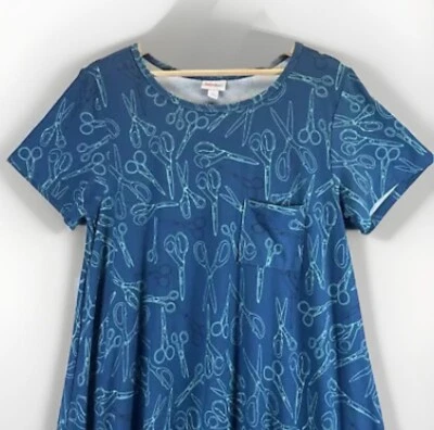 LuLaRoe Midi Dress L Short Sleeve Pocket Scissors Hairdresser Salon Blue Green - Image 1 of 4