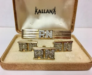 Vintage ALLAN Monogram Goldtone Cufflinks And Tie Clasp ‘RN’ - Picture 1 of 10