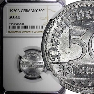 Germany Weimar 1920 A 50 Pfennig NGC MS64 GEM BU Berlin Mint KM# 27 (032) - Picture 1 of 5