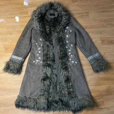 Afghan trench Coat penny Lane Y2K EMBROIDERED Mongolian FAUX suede Fur GRAY sz M - Image 1 of 4