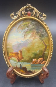 Quadro ovale vintage olio sul rame paesaggio firmato cornice in ottone - Foto 1 di 4