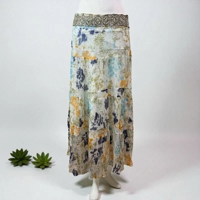 Esprit Beaded Waist Tiered Boho Maxi Skirt Sz 8 Coastal Ethereal Resort Artsy - Image 1 of 4