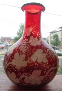7 Inch Bohemian or Czech Decanter Ruby Glass Cut To Clear Grape Leaves & Vine - Picture 1 of 9