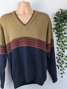 Pierre Sangan Vintage khaki/blue fine knit wool v-neck sweater. Mens Large DN928 - Picture 1 of 7