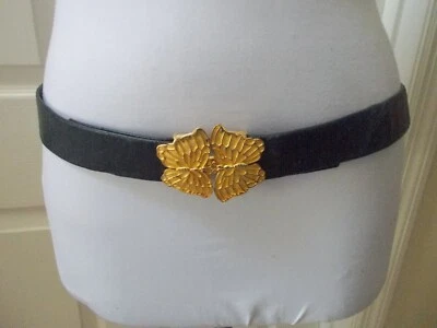 VTG DOUGLAS PAQUETTE Black Leather Belt w/ Heavy Gold Butterfly Clasp - Image 1 of 4