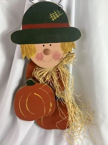 Scarecrow And Pumpkin Wood Wall Hanging Hand Painted Raffia Bow 17” X 8” Fall - Picture 1 of 10