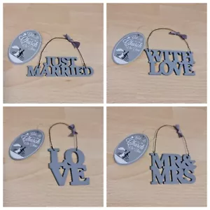 Wooden Gift Tag Mr & Mrs Love, Just Married, With Love (East of India style) - Picture 1 of 5