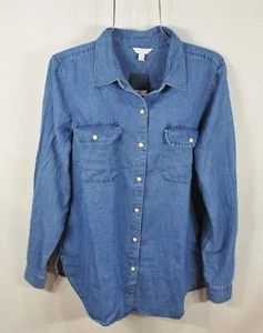 Lucky Brand Women's Shirt L Blue Denim Pearl Snap Button Down Blouse Top NWT - Picture 1 of 8