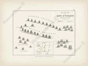 Battle of St Vincent 1797 map Johnston plan Alison's Atlas 1850 art print poster - Picture 1 of 6