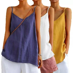 Cotton Linen Tunic Blouse Tank Tops Sleeveless Tee Summer Womens T-Shirt Vest - Picture 1 of 13