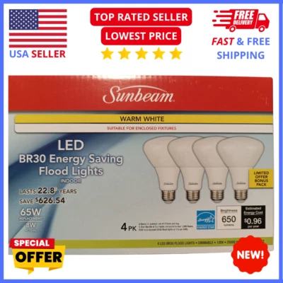 Sunbeam BR30 LED Bulbs 4‑Pack – 65W Equivalent Dimmable Indoor Floodlight - Image 1 of 4