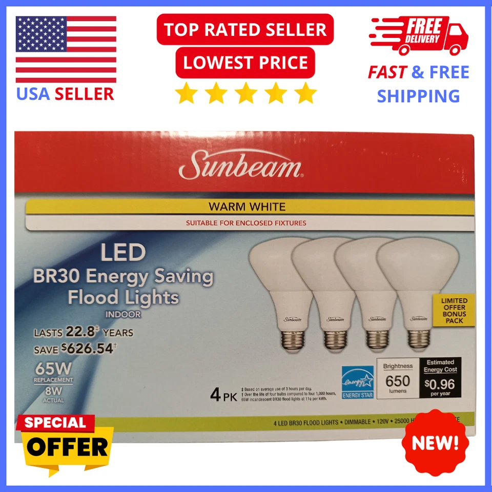 Sunbeam BR30 LED Bulbs 4‑Pack – 65W Equivalent Dimmable Indoor Floodlight - Image 1 of 4