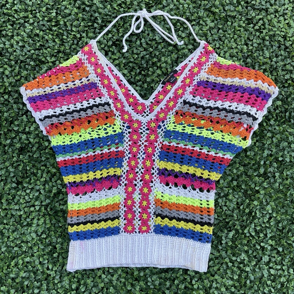 Top Boho Festival De Colección Doble Cero Colorido Crochet Tejido Manga Corta Cuello en V M Foto 1 de 4