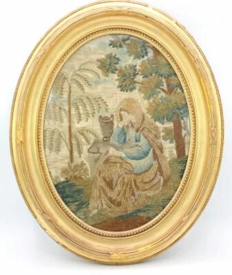 Antique Georgian 18th C. STUMPWORK Embroidery Needlework Lady MOURNING Picture - Image 1 of 4