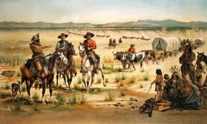 Wagon Train Cowboys Western Native American Indians Covered Wagons 16x32 Print ✔ - Picture 1 of 1