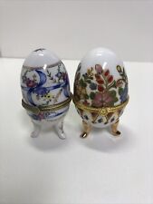 Ceramic Hinged Floral Egg Trinket Box with Multicolor Ribbon Gold Trim