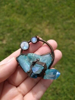 Aqua Aura And Rainbow Moonstones Copper Necklace Electroformed - Image 1 of 4