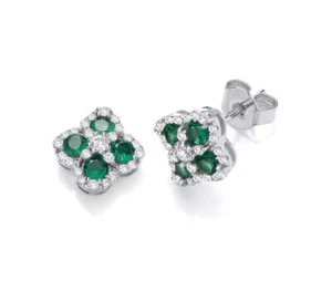 Sterling Silver Green Stones Clover  Earrings  Studs in Lucky Flower - Picture 1 of 4